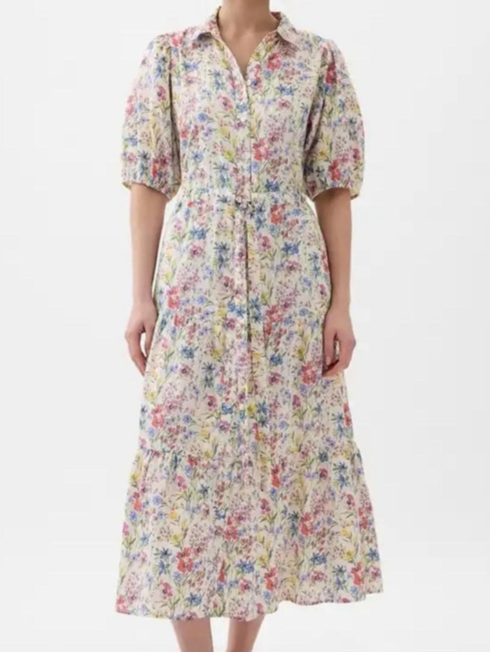 GAP Women's L Multicolor Puff Sleeve Floral Midi Dress Casual Travel Botanical